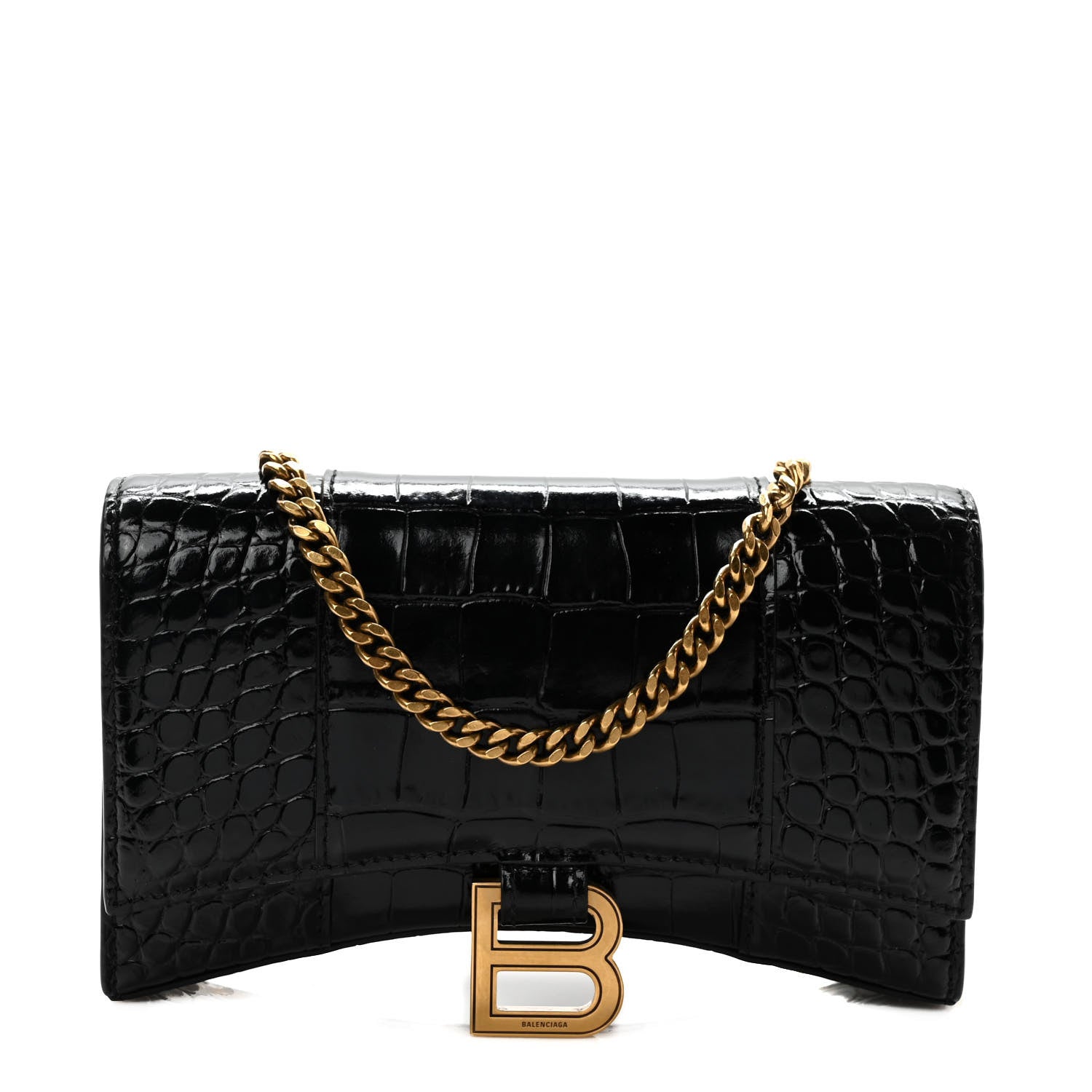 Balenciaga Shiny Calfskin Crocodile Embossed Hourglass Chain Bag Black 1 of 9