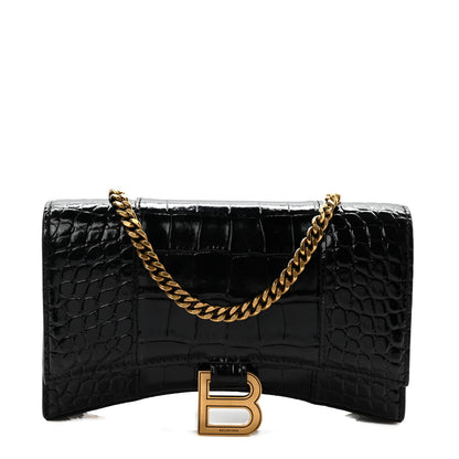 Balenciaga Shiny Calfskin Crocodile Embossed Hourglass Chain Bag Black 1 of 9