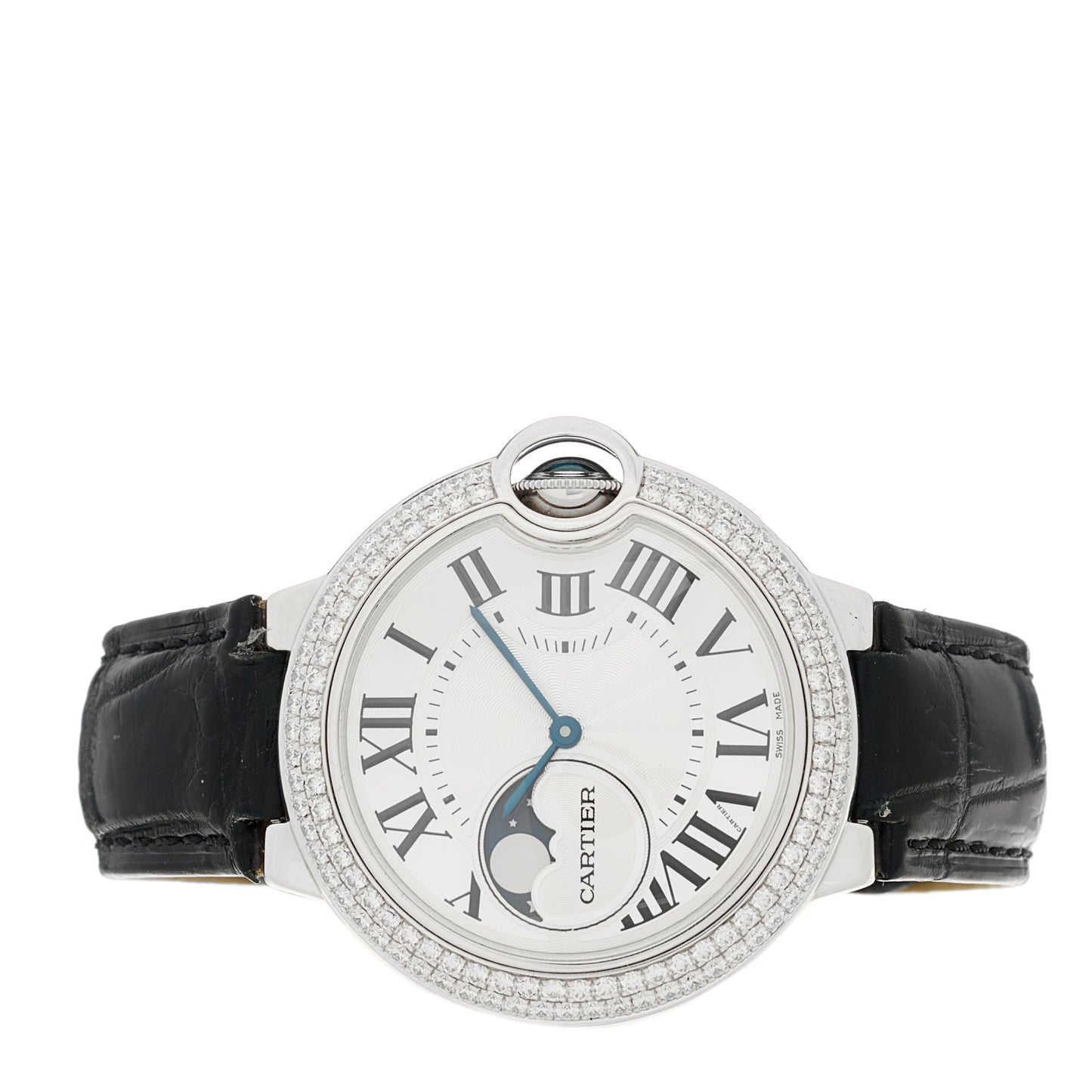 18K White Gold Diamond Pave Bezel 37mm Ballon Bleu De Cartier Moonphase Automatic Watch