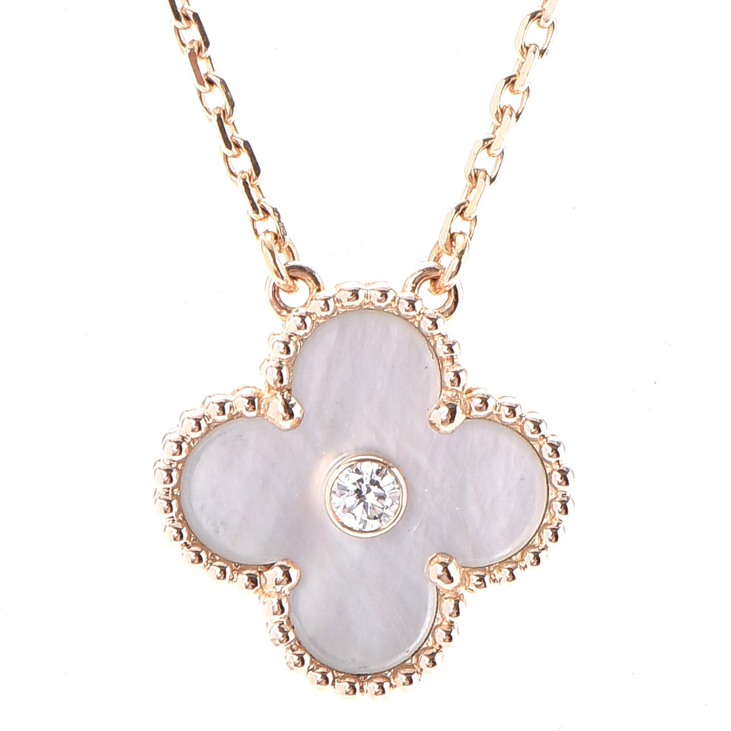 18K Rose Gold Diamond Mother of Pearl Vintage Alhambra Pendant Necklace