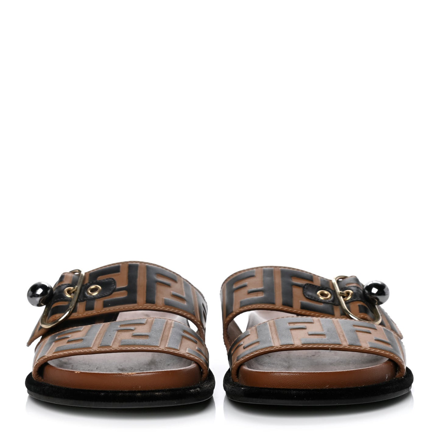 Calfskin FF Embossed Pearland Slide Sandals 36 Tobacco Moro