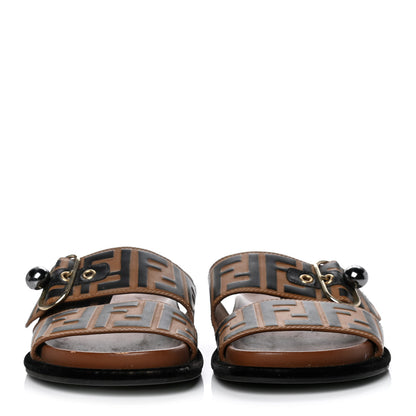 Fendi Calfskin FF Embossed Pearland Slide Sandals 36 Tobacco Moro 2 of 10