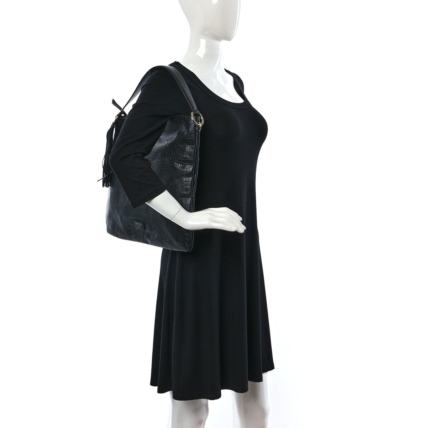 Crocodile Embossed Hobo Bag Black
