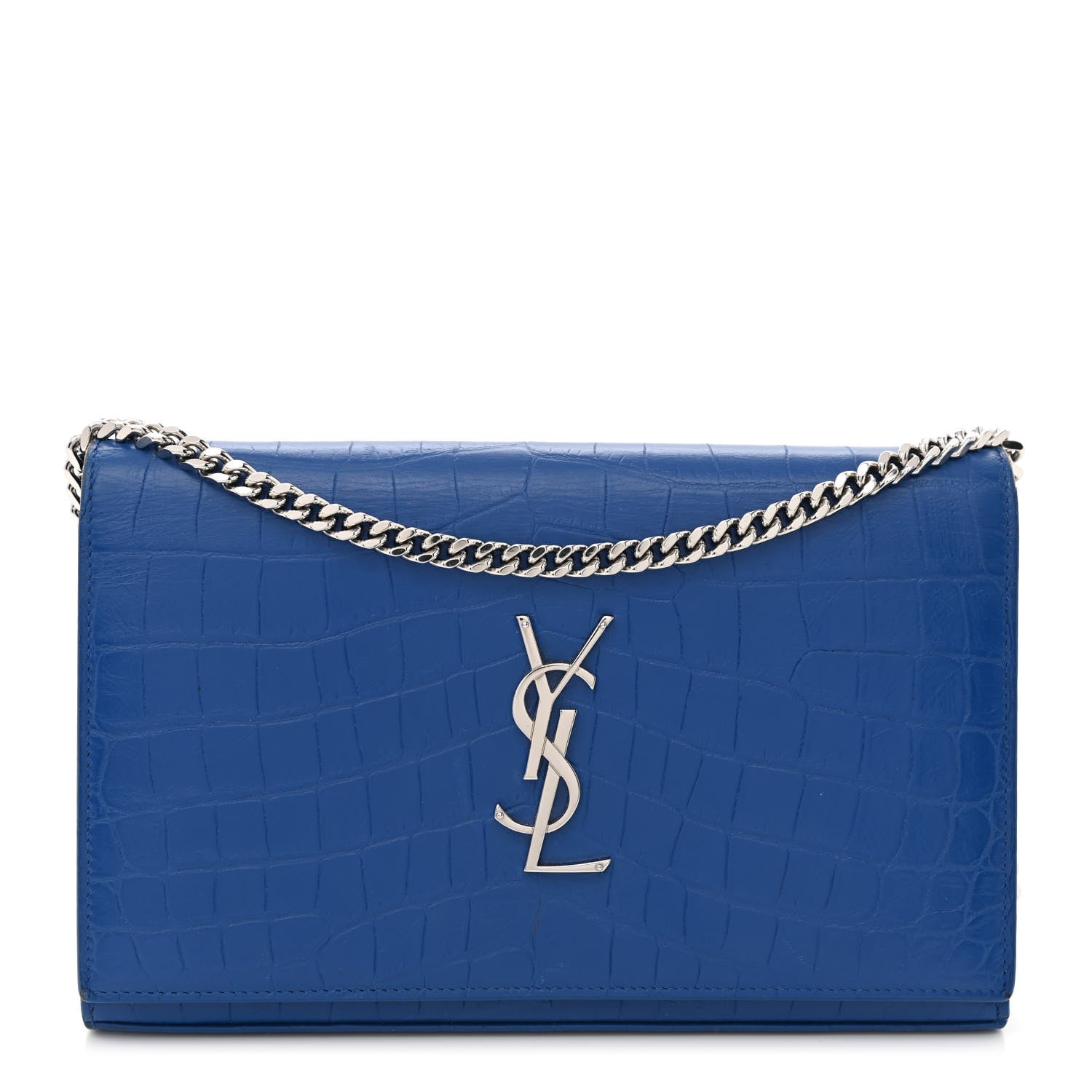 Saint Laurent Calfskin Crocodile Embossed Monogram Chain Wallet Royal Blue 1 of 13
