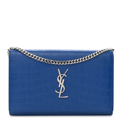 Saint Laurent Calfskin Crocodile Embossed Monogram Chain Wallet Royal Blue 1 of 13