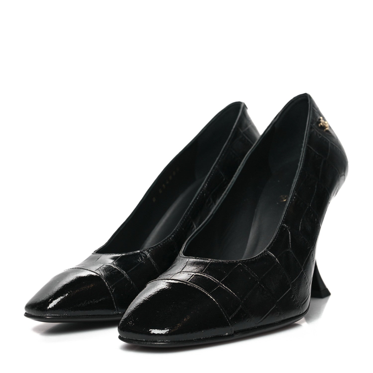 Chanel Crocodile Embossed Crumpled Patent Cap Toe Pumps 35.5 Black 3 of 8