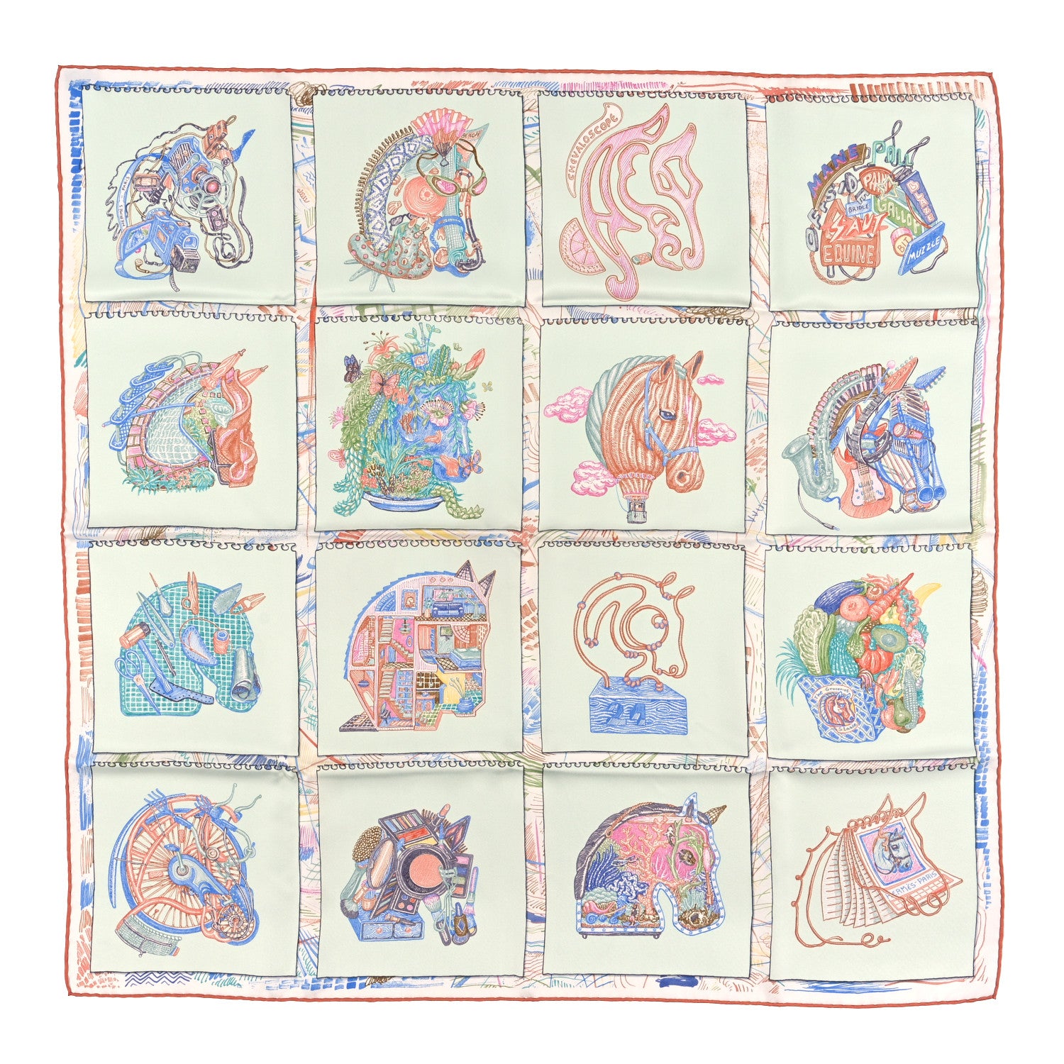 Hermes Silk Chevaloscope Scarf 90 White Bleu Multicolor 1 of 3