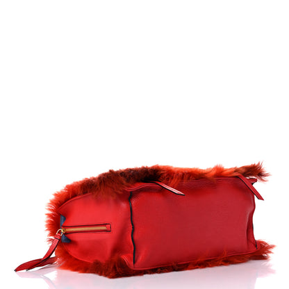 Prada Shearling Fur Calfskin Suede Shoulder Bag Red 4 of 11
