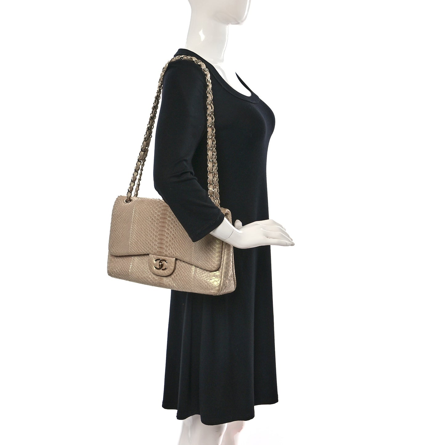 Metallic Snakeskin Jumbo Double Flap Light Beige