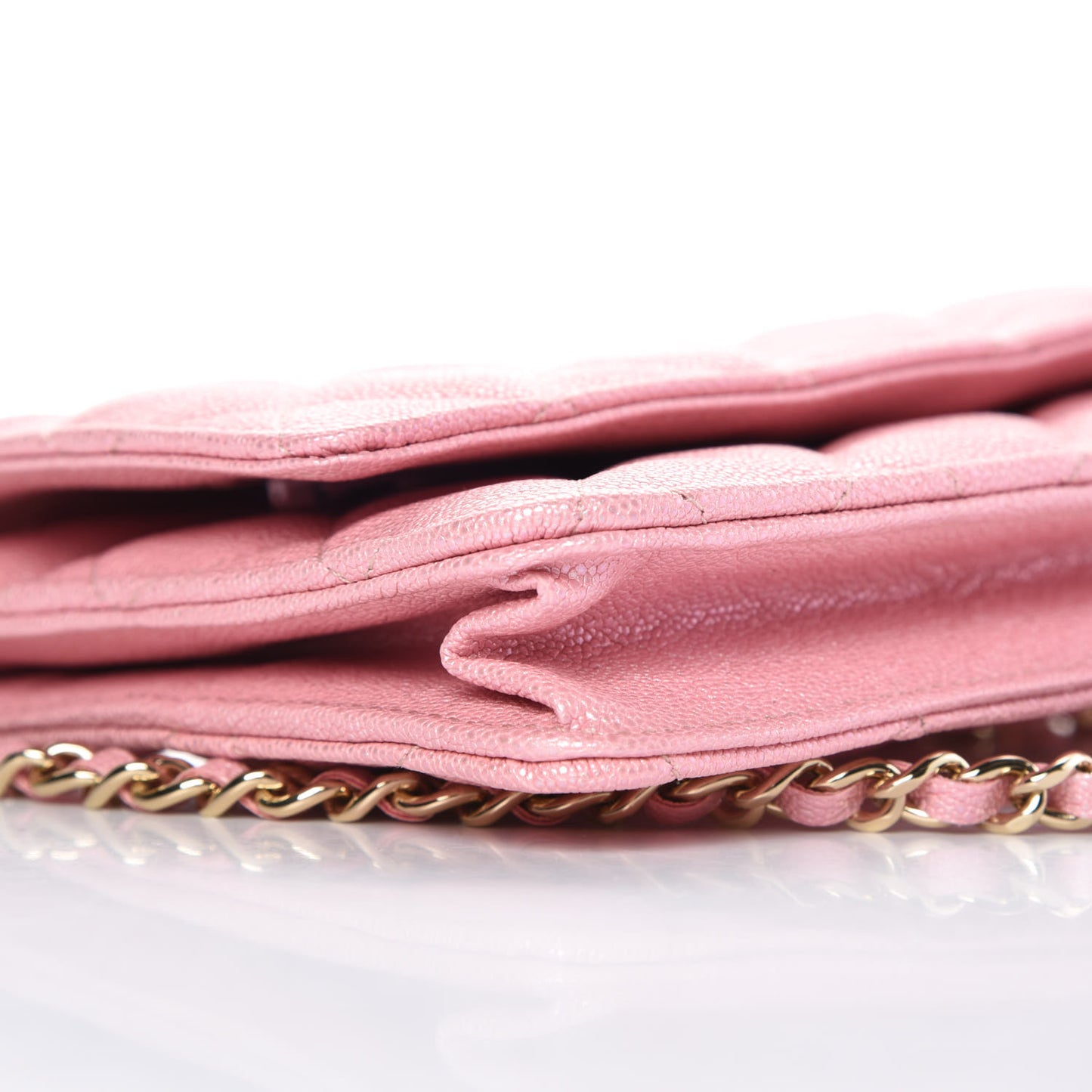 Iridescent Caviar Quilted Wallet on Chain WOC Rose Pink
