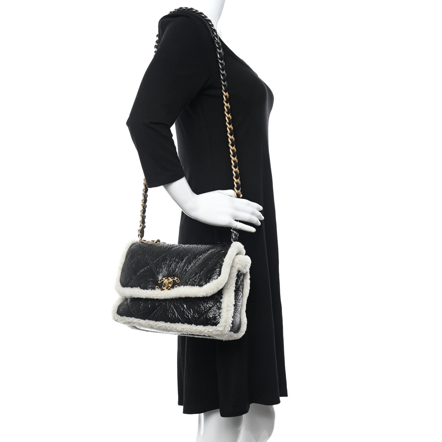 Chanel Crumpled Calfskin Shearling Sheepskin Quilted Medium Chanel 19 Flap Black 3 of 11