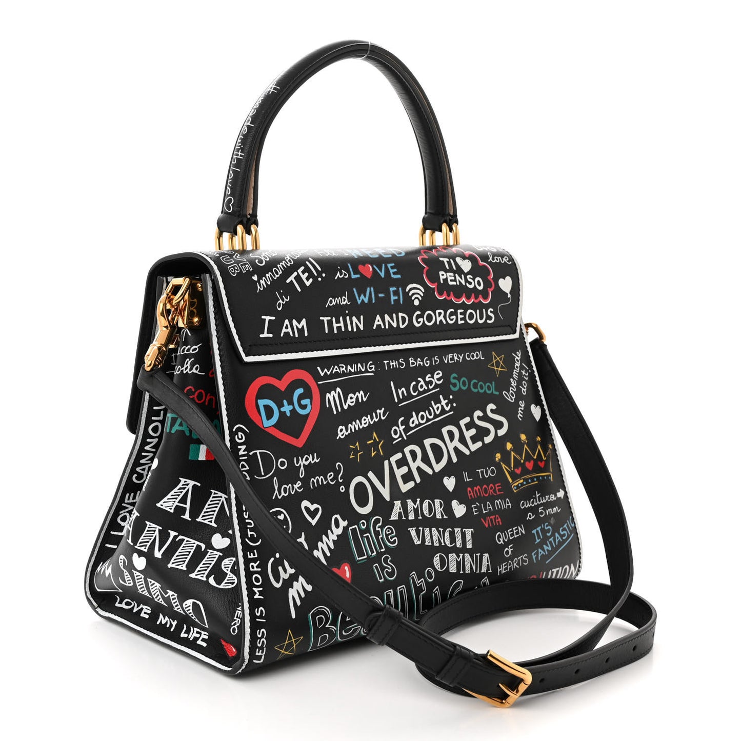 Calfskin Welcome Graffiti Printed Satchel Black