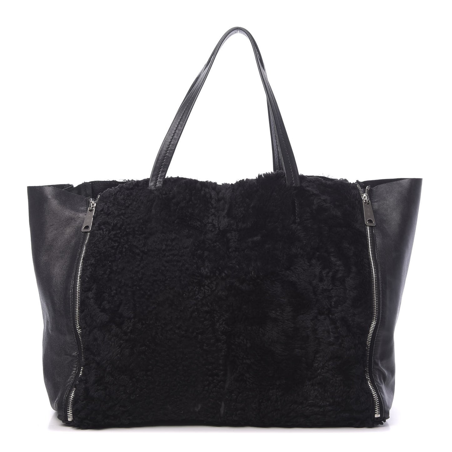 Shiny Smooth Calfskin Shearling Horizontal Cabas Zipper Tote Black