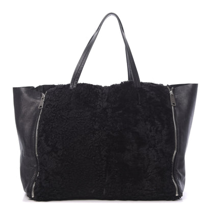 Celine Shiny Smooth Calfskin Shearling Horizontal Cabas Zipper Tote Black 1 of 17