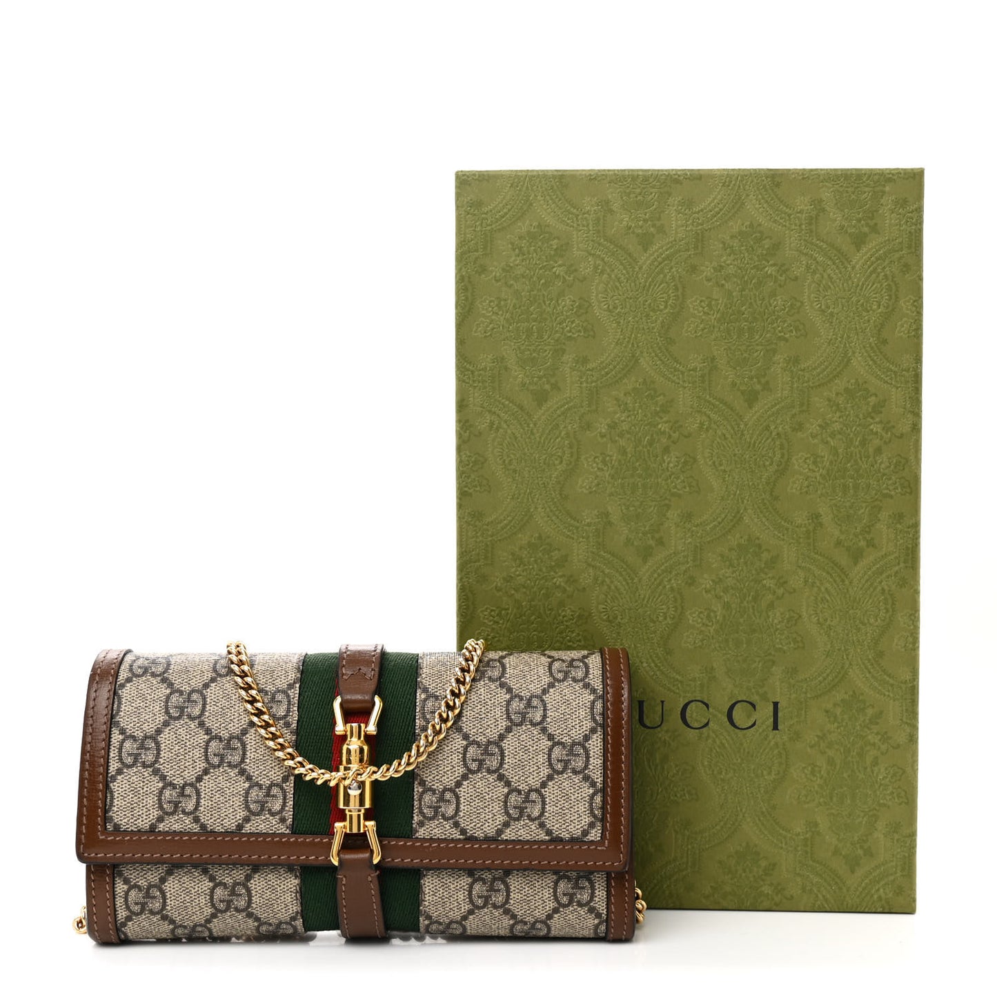 GG Supreme Monogram Azalea Calfskin Web Jackie 1961 Chain Wallet Beige Ebony Brown Sugar