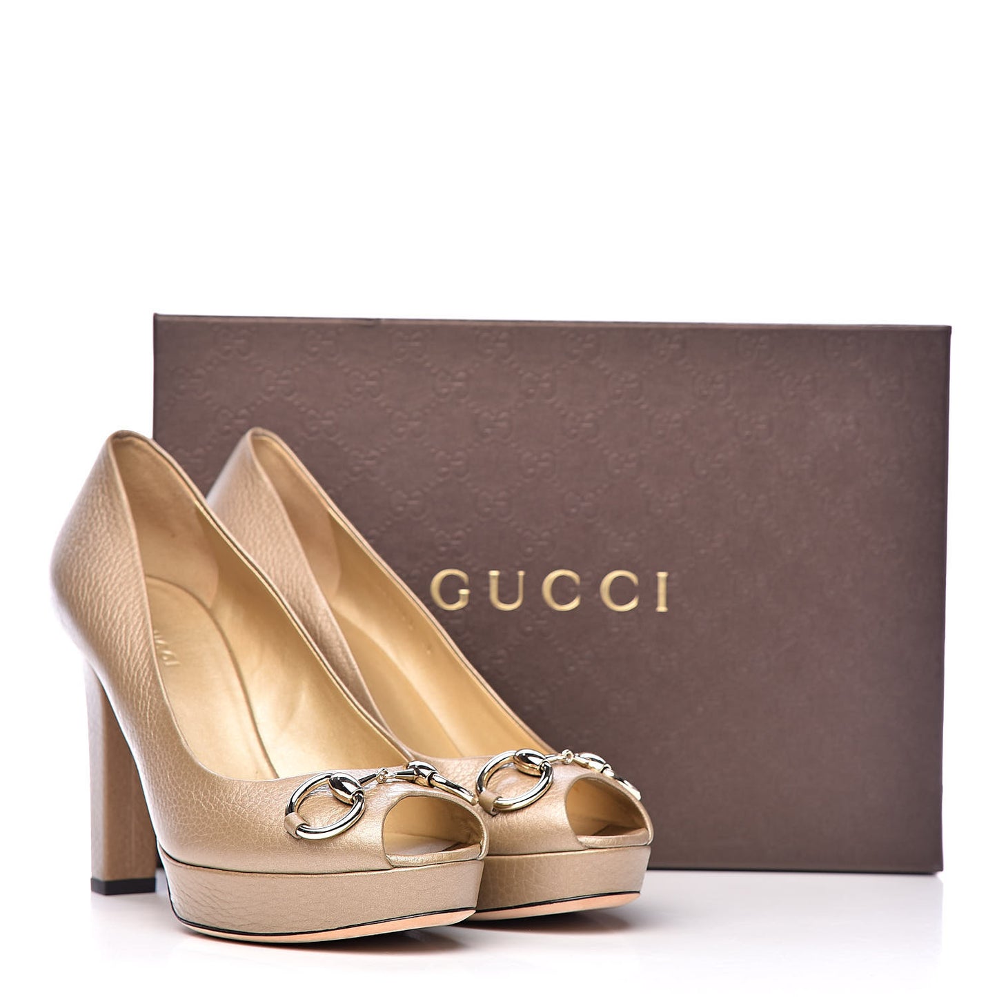 Metallic Soft Cellarius Calfskin Horsebit Platform Peep Toe Pumps 38 Champagne