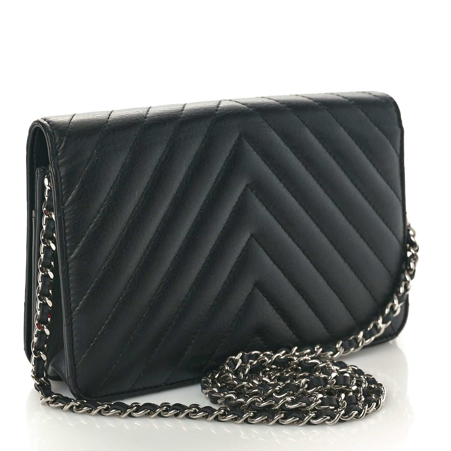 Chanel Calfskin Diagonal Chevron Quilted Tassel Wallet On Chain WOC Black 3 of 11