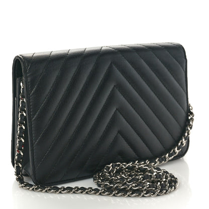 Chanel Calfskin Diagonal Chevron Quilted Tassel Wallet On Chain WOC Black 3 of 11