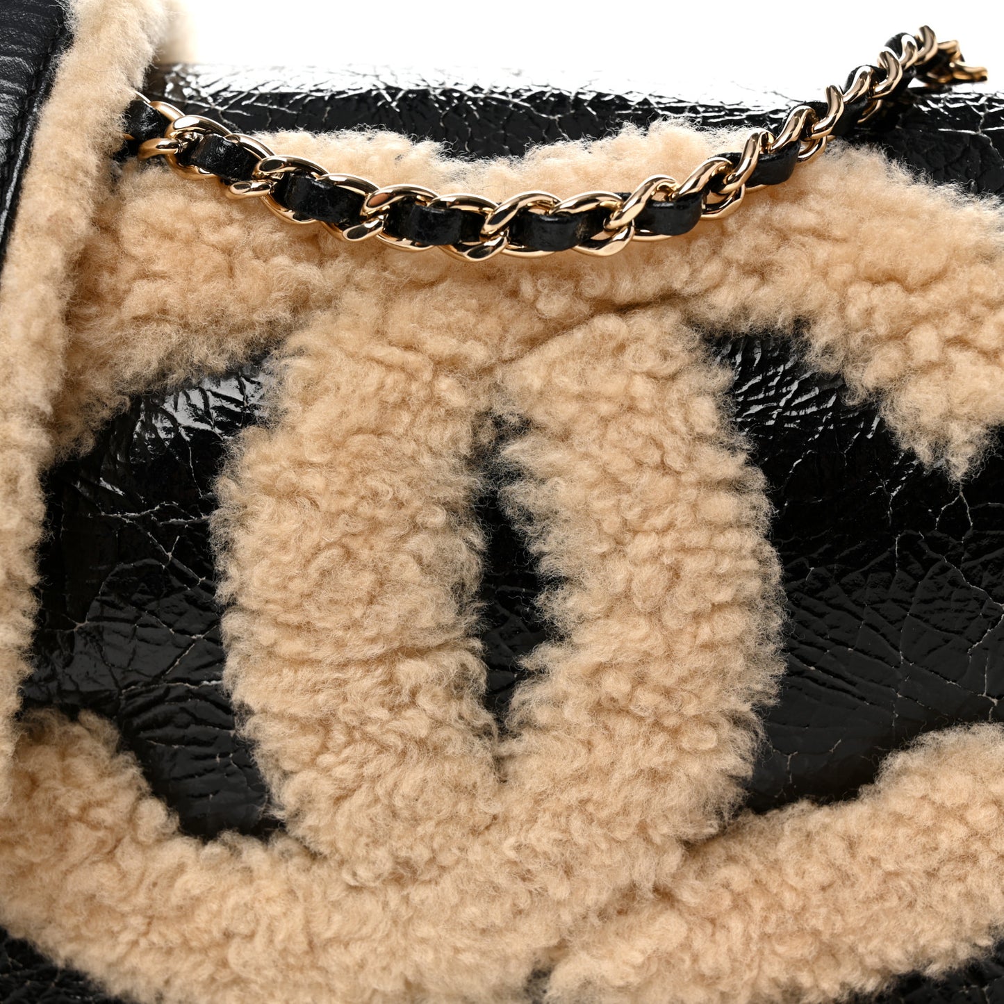 Shiny Crumpled Sheepskin Shearling CC Mania Flap Bag Black Beige