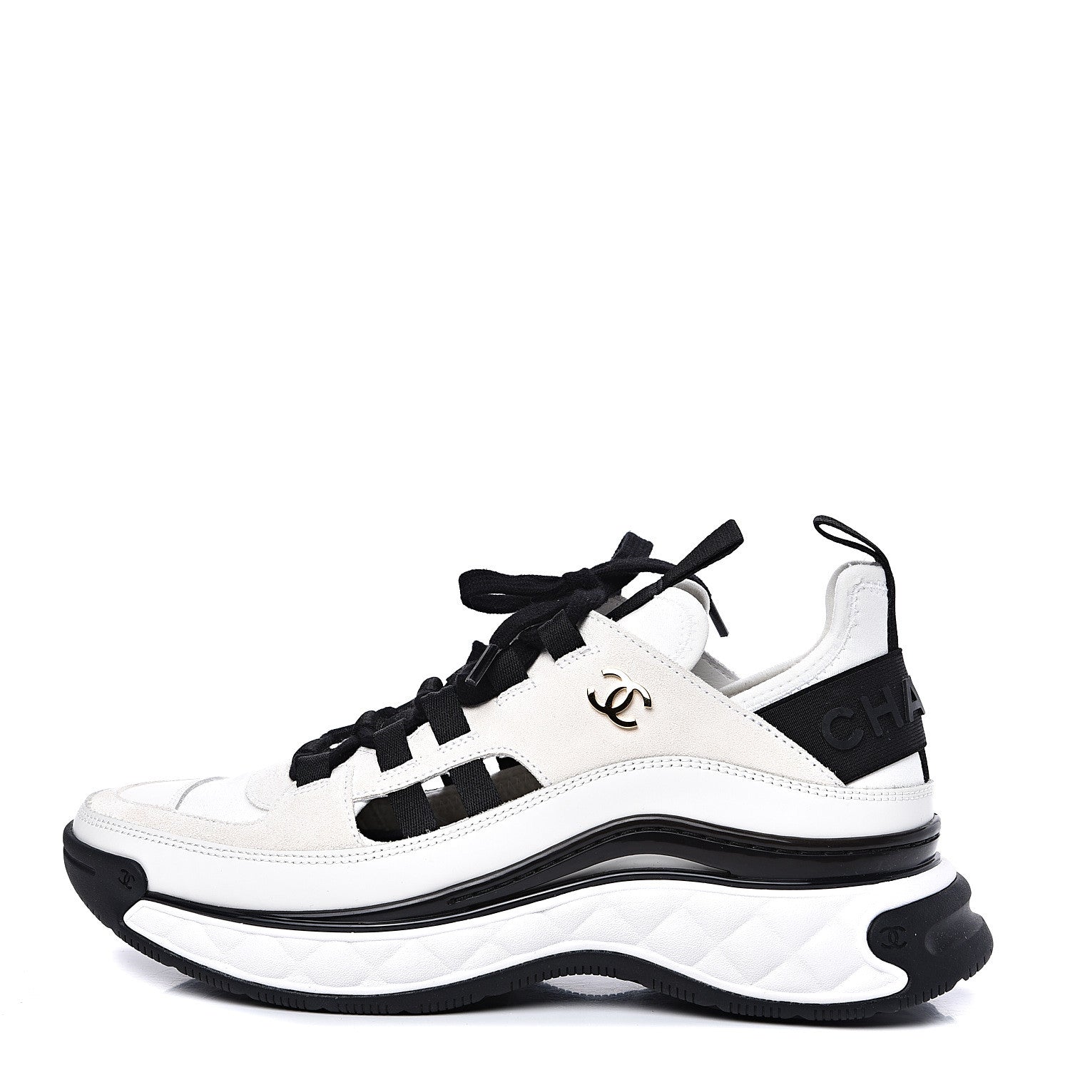 Chanel Fabric Calfskin Suede CC Sneakers 37.5 White Black 1 of 10