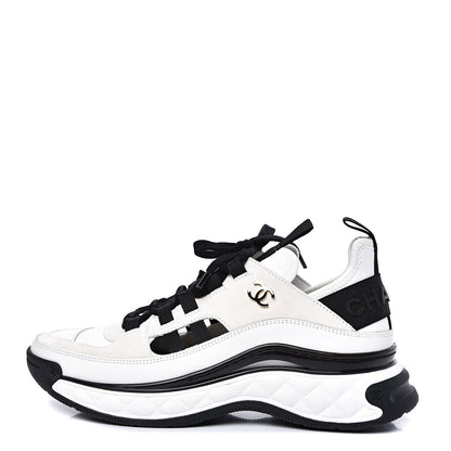 Chanel Fabric Calfskin Suede CC Sneakers 37.5 White Black 1 of 10