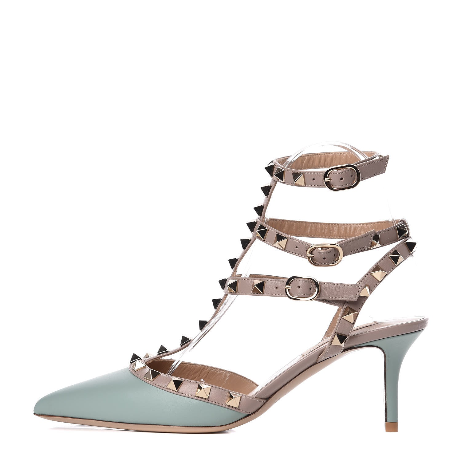 Valentino Garavani Nappa Rockstud Ankle Strap Low Heel Pumps 37 Muted Mint Poudre 1 of 7