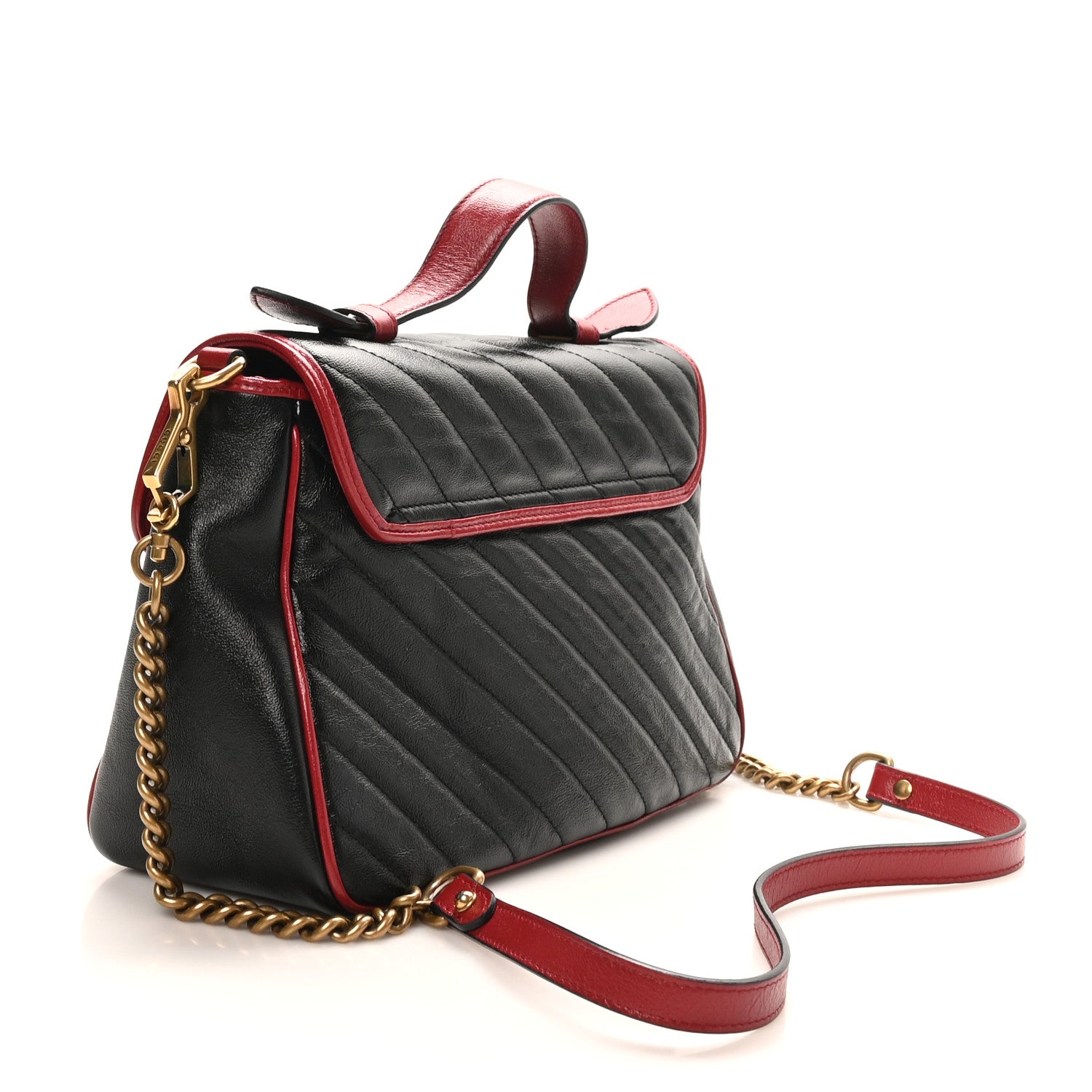 Gucci Vintage Effect Calfskin Matelasse Diagonal Small Torchon GG Marmont Top Handle Shoulder Bag Black Romantic Cherry 3 of 10