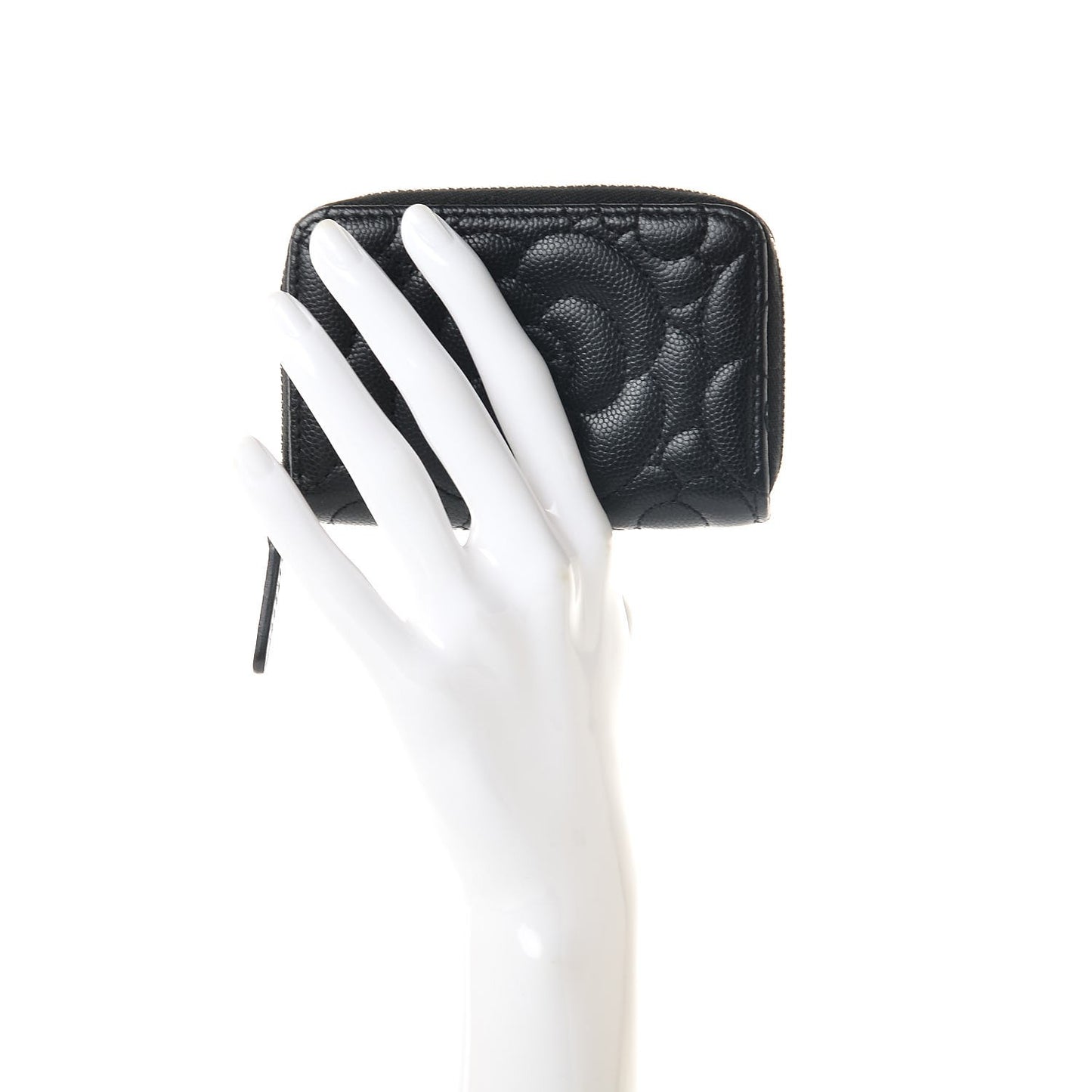 Caviar Camellia Embossed Zip Coin Purse Black