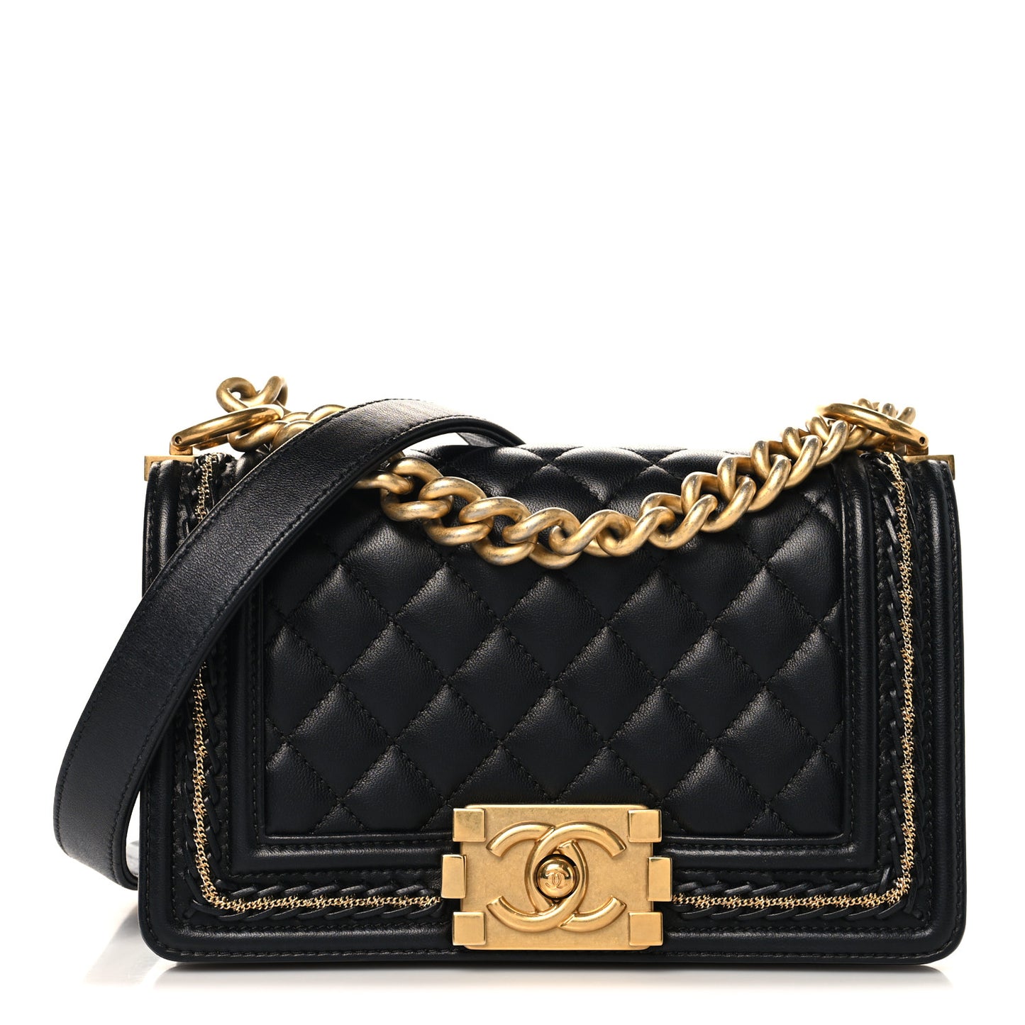 Lambskin Quilted Small Chain Detail Boy Flap Black