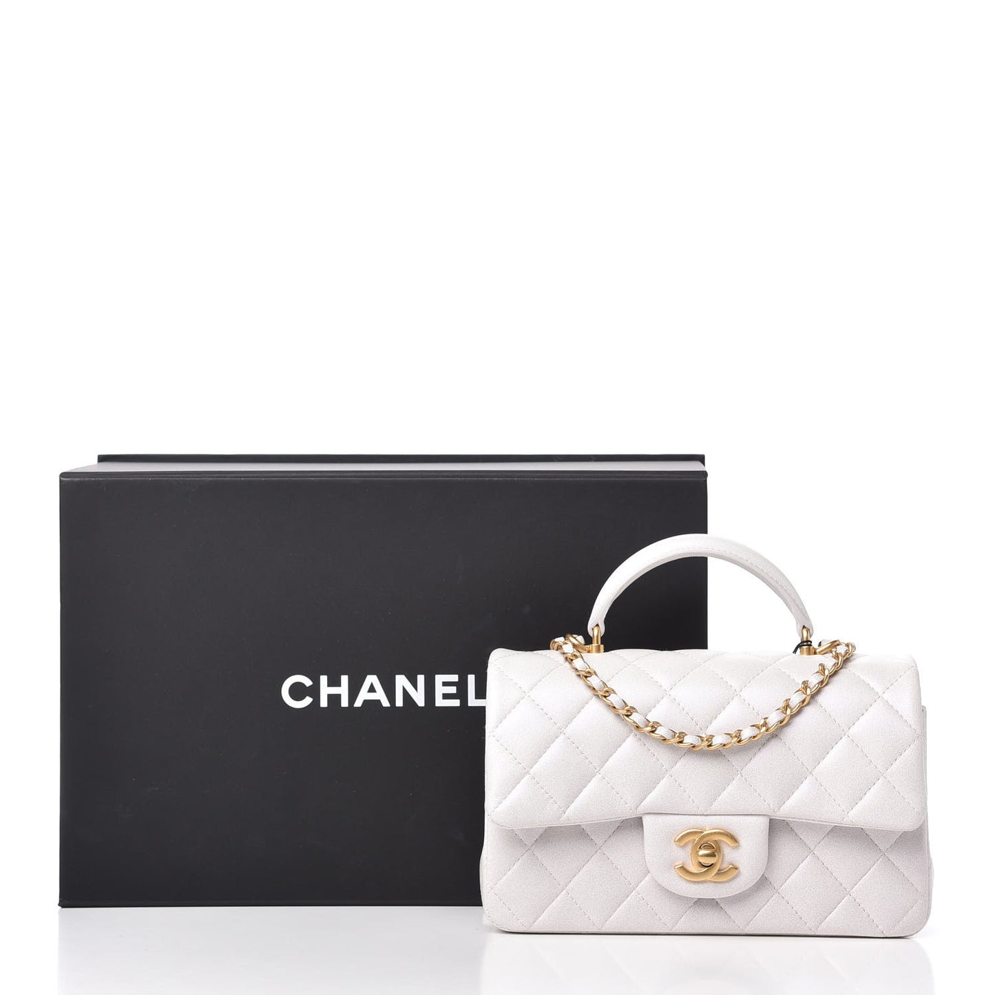 Iridescent Lambskin Quilted Mini Top Handle Rectangular Flap White
