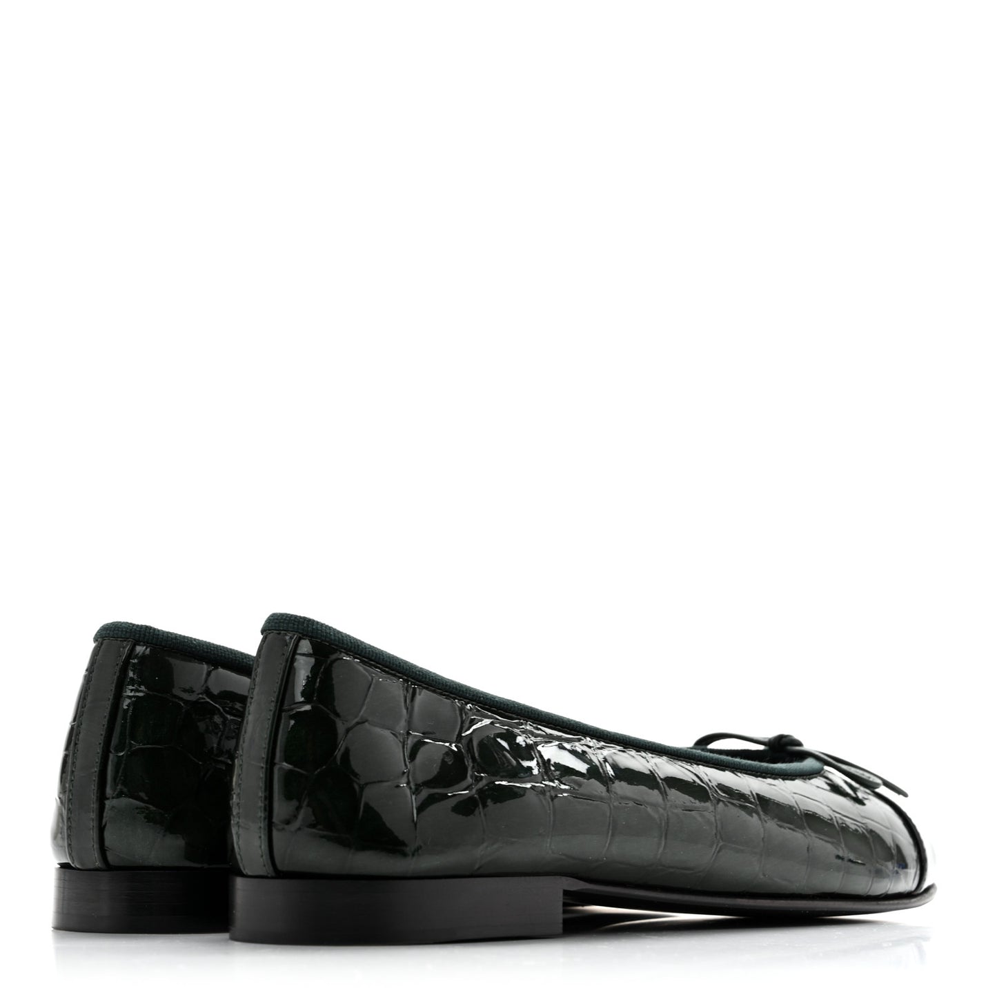 Patent Calfskin Crocodile Embossed Ballerina Flats 37 Dark Green Black