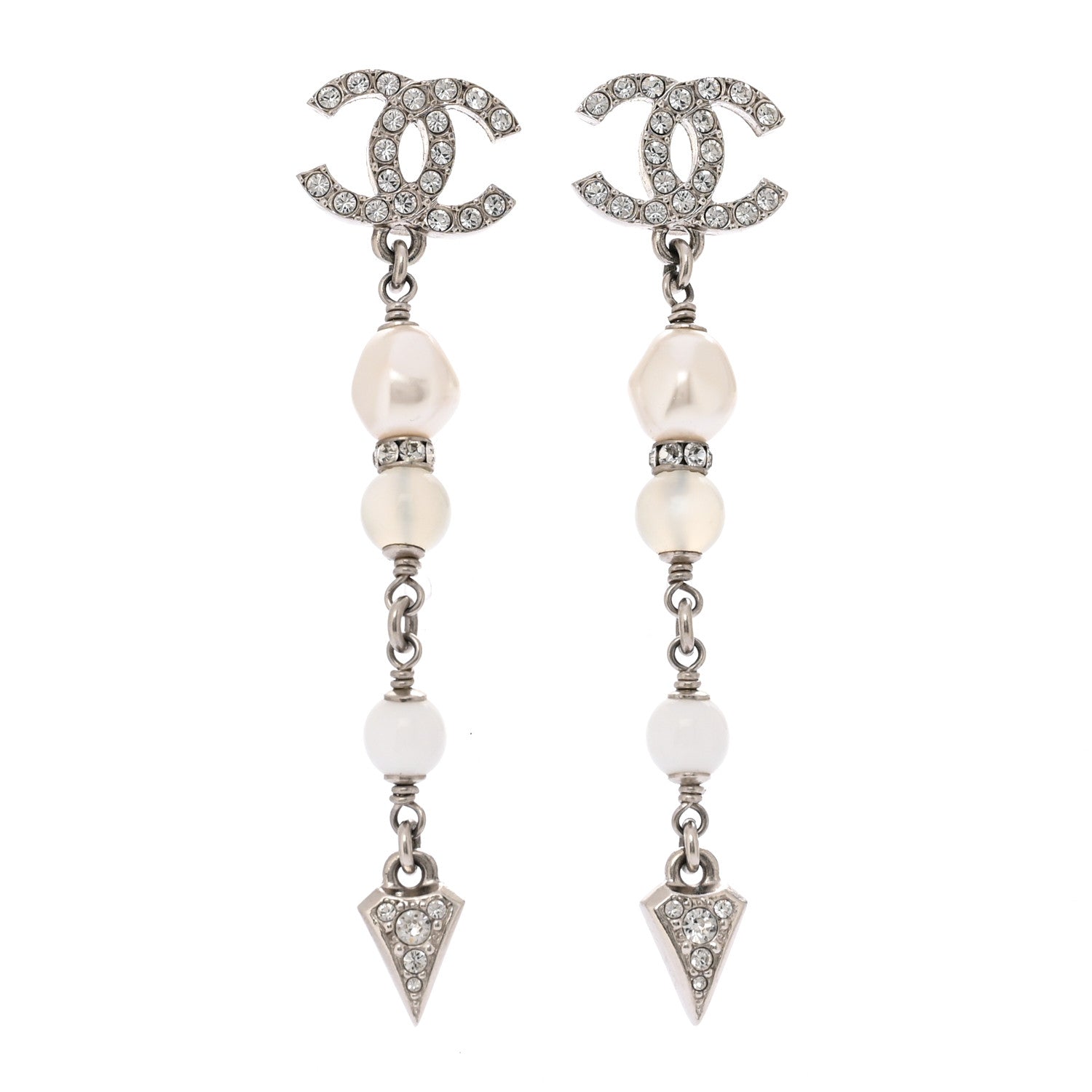Chanel Crystal Pearl Bead CC Drop Earrings Silver White 1 of 5