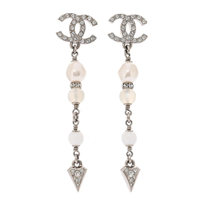 Chanel Crystal Pearl Bead CC Drop Earrings Silver White 1 of 5