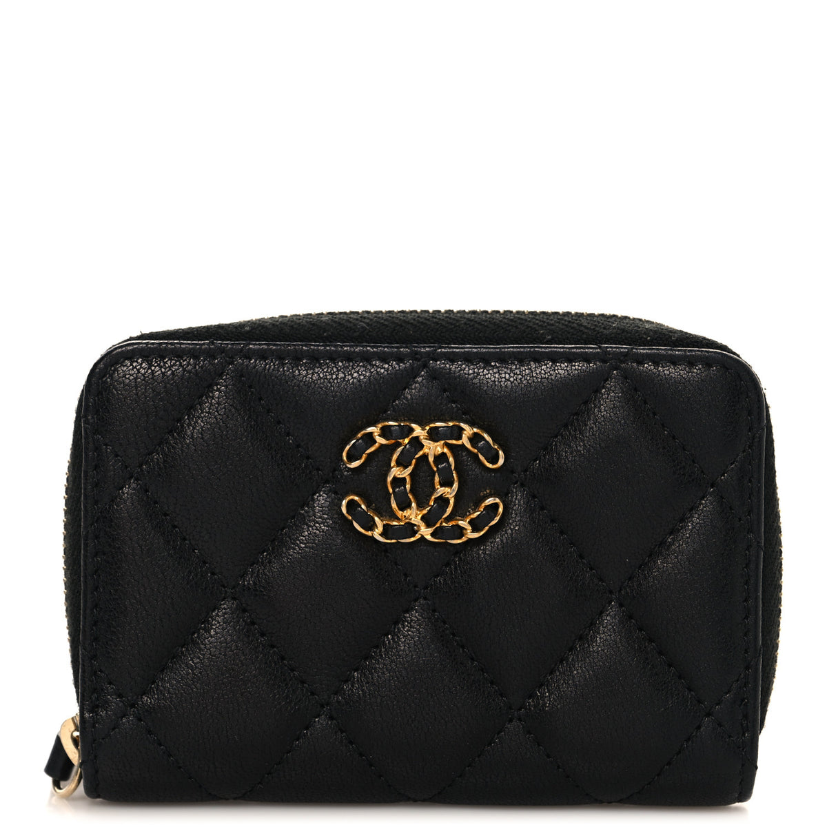 Goatskin Quilted Chanel 19 Zip Around Coin Purse Wallet Black
