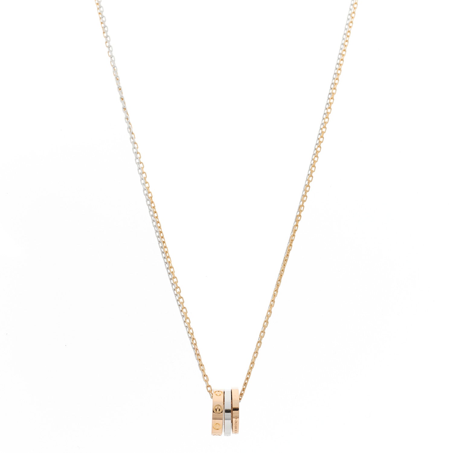 Cartier 18K White Pink Gold Diamond Three Ring LOVE Pendant Necklace 1 of 7
