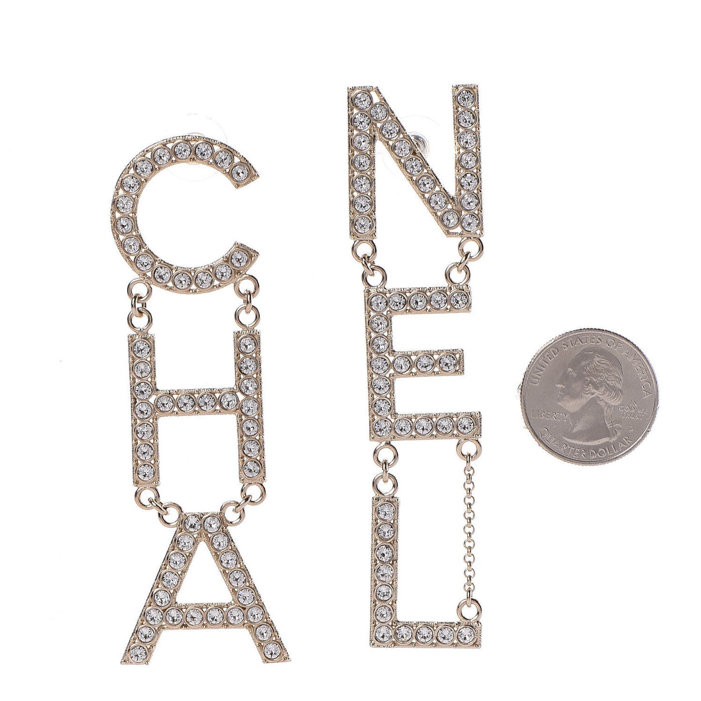 Crystal Cha-Nel Logo Drop Earrings Gold