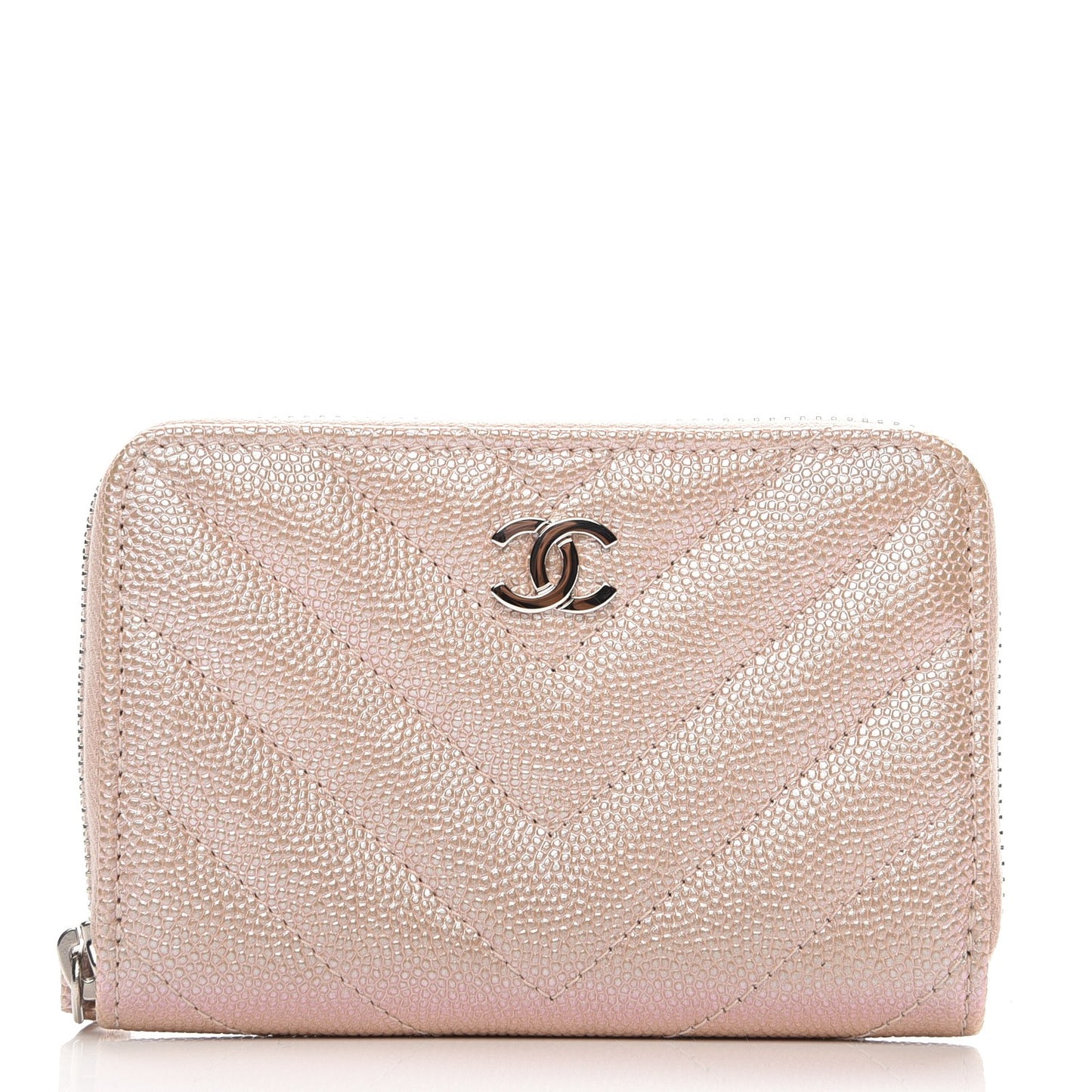 Metallic Caviar Chevron Quilted Zip Around Coin Purse Light Gold