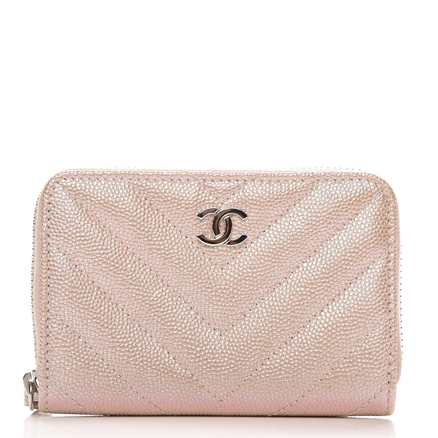 Chanel Metallic Caviar Chevron Quilted Zip Around Coin Purse Light Gold 1 of 8