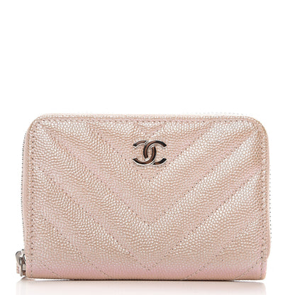 Chanel Metallic Caviar Chevron Quilted Zip Around Coin Purse Light Gold 1 of 8