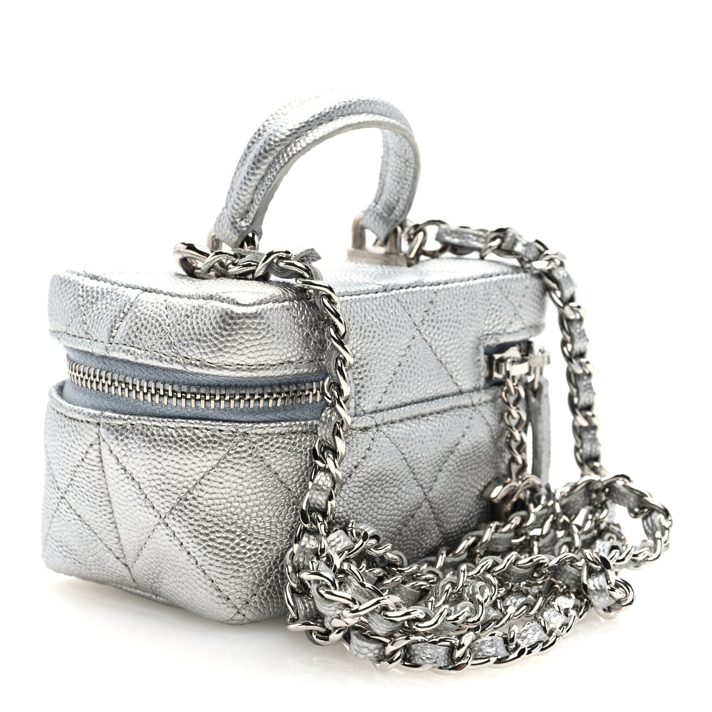 Metallic Caviar Quilted Mini Top Handle Vanity With Chain Silver