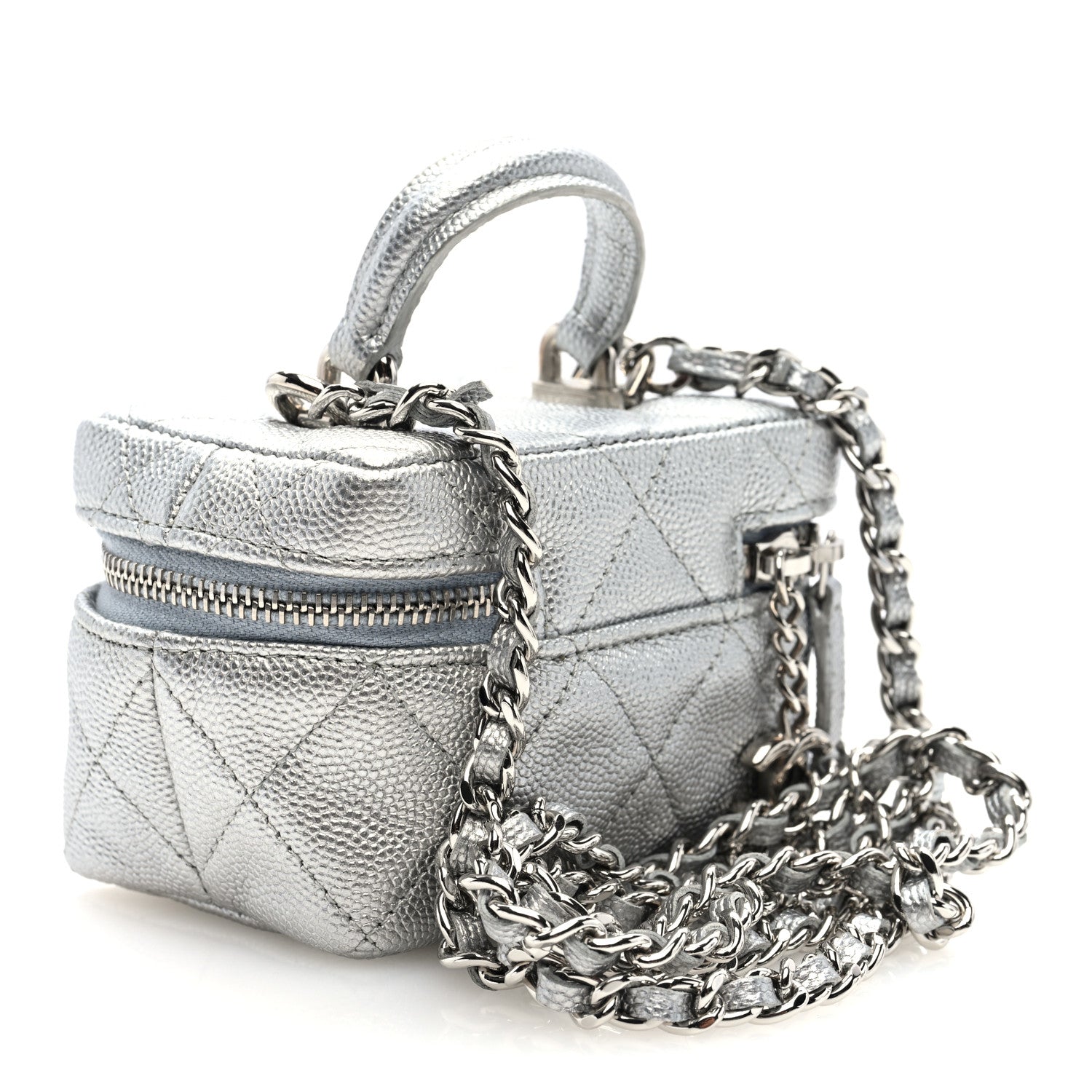 Chanel Metallic Caviar Quilted Mini Top Handle Vanity With Chain Silver 3 of 10