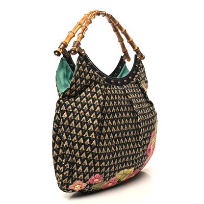 Gucci Canvas Raffia Lizard Bamboo Floral Hobo Brown Multicolor 3 of 11