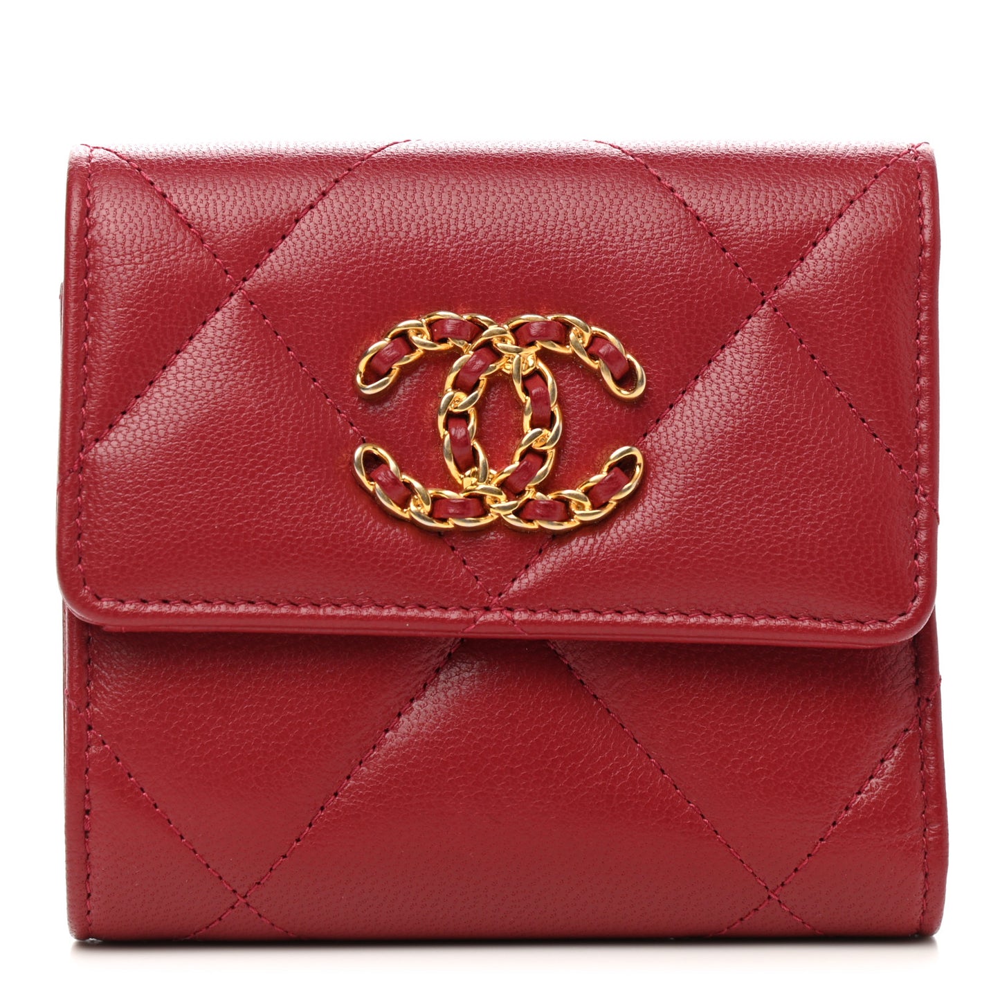 Shiny Goatskin Quilted Chanel 19 Compact Wallet Red