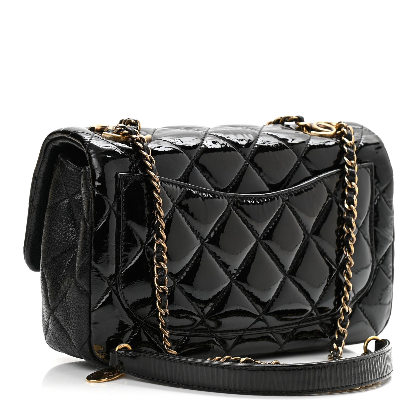 Patent Goatskin Quilted Small CC Eyelet Flap Black