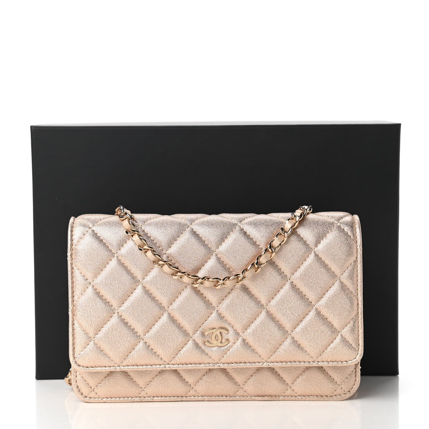 Metallic Lambskin Quilted Wallet On Chain WOC Gold