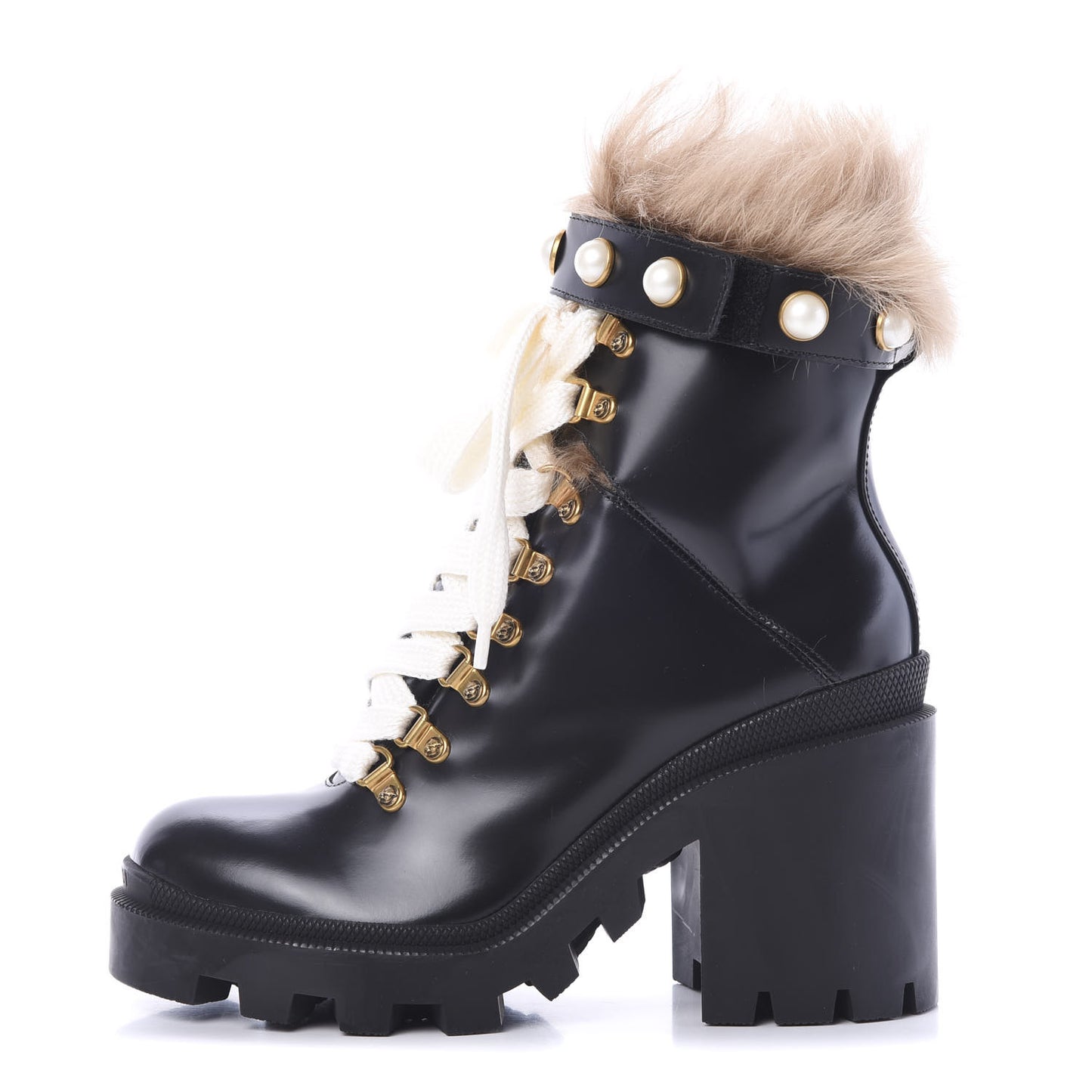Magnum Calfskin Fur Pearl Lace Up Combat Ankle Boots 37 Black Naturale