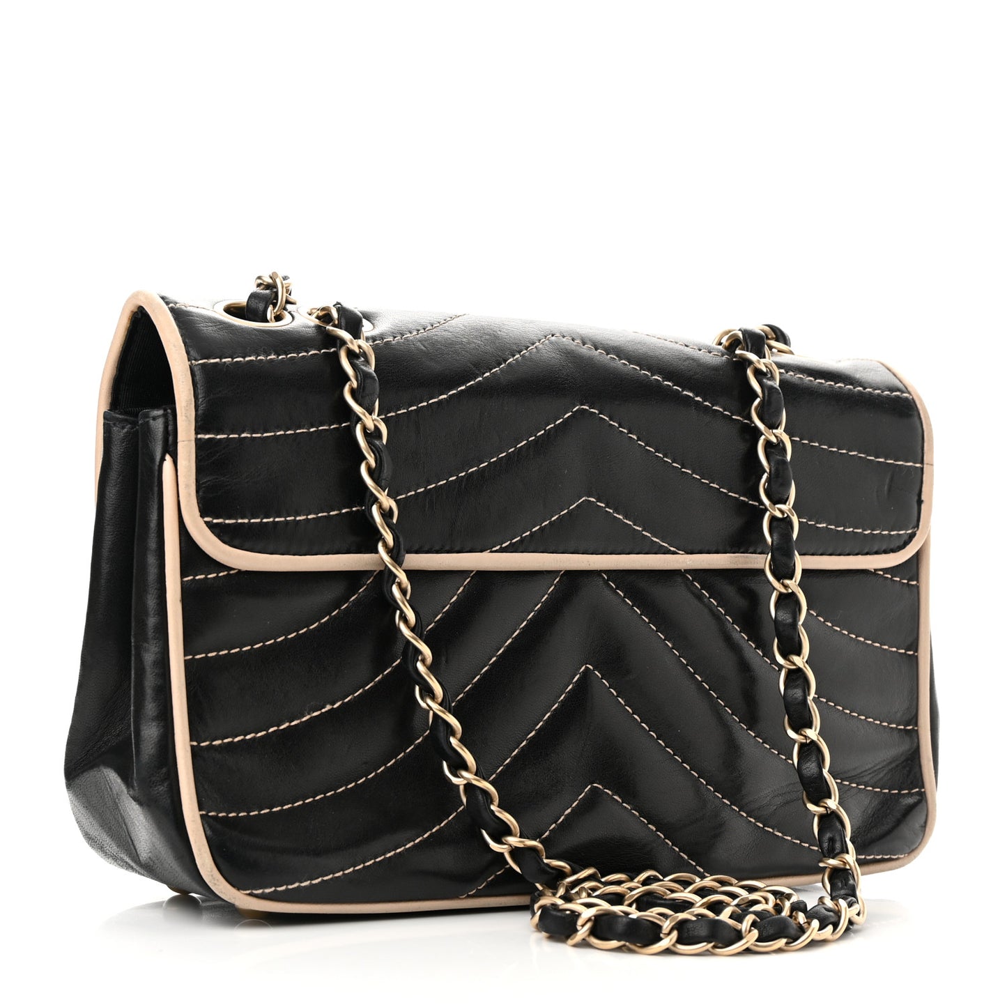 Lambskin Quilted Single Flap Bag Black Beige