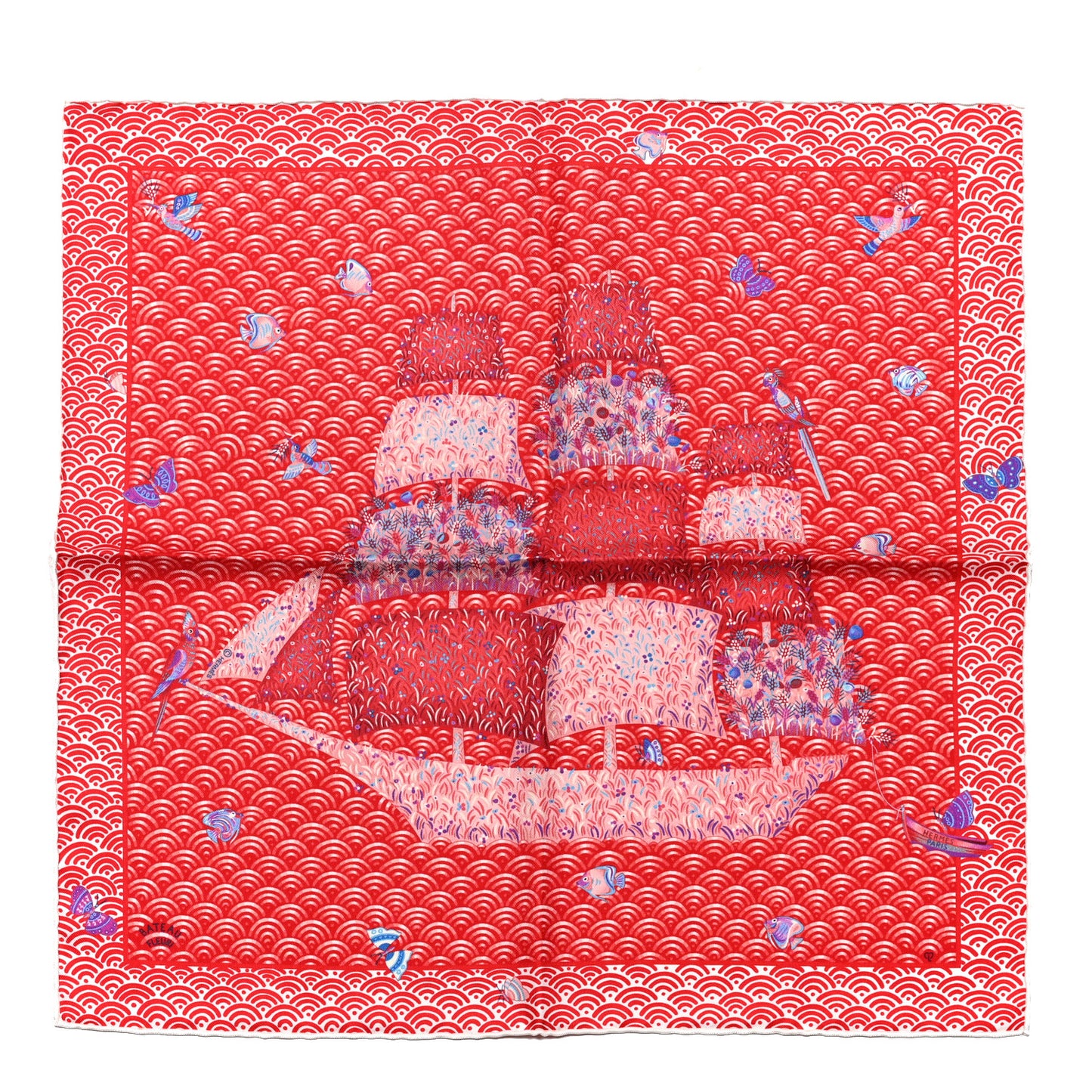 Silk Bateau Fleuri Scarf 90 Rouge Rose Poudre Bleu