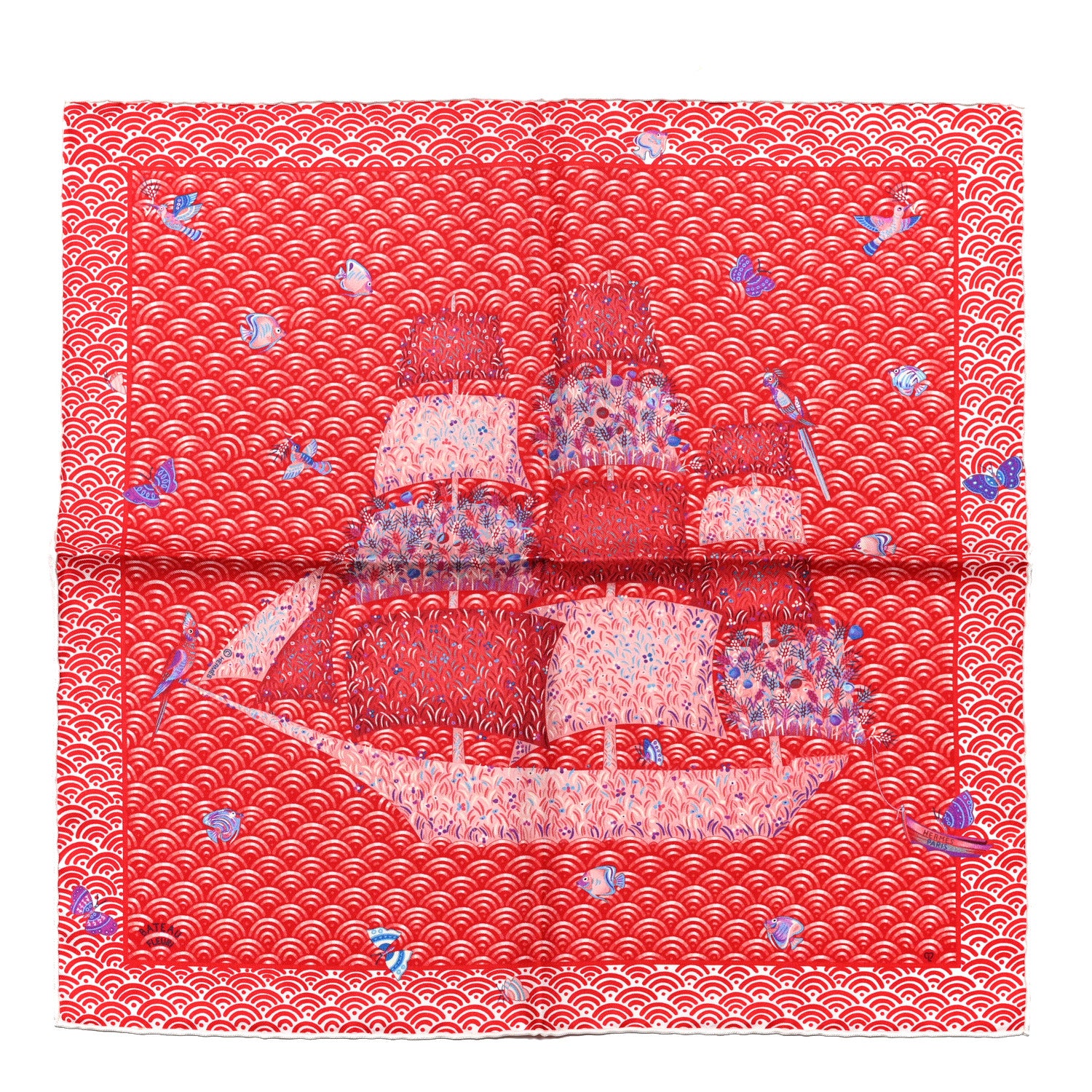 Hermes Silk Bateau Fleuri Scarf 90 Rouge Rose Poudre Bleu 1 of 5
