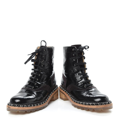Chanel Patent Lace Up Chain Boots 38.5 Dark Brown 6 of 14